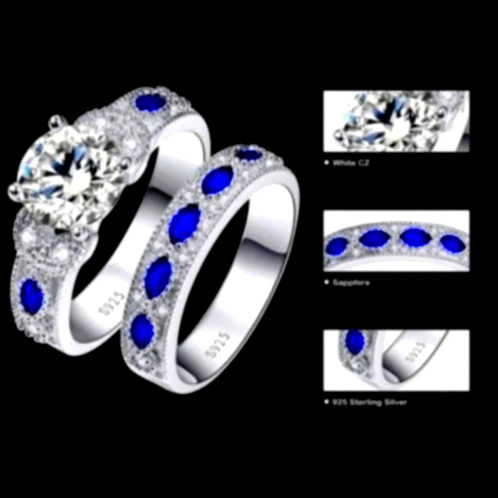 NWT 925 Sterling Silver Bridal Set/ Cocktail CZ & Created Sapphire